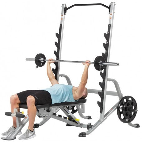 Hoist Multi-Purpose Squat Rack with Safety Tiers + 7 Position F.I.D. Bench + York Barbell G2 Thin Line Olympic Set PACKAGE*Floor Model Sale*